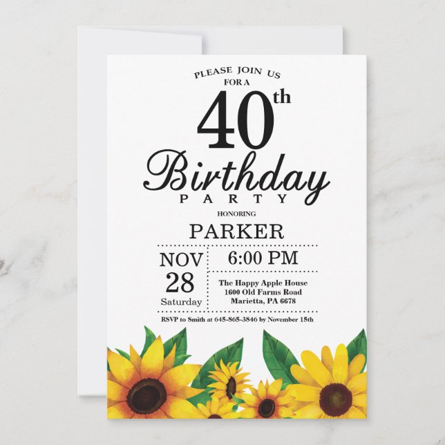 Sunflower 40th Birthday Invitation (Front)
