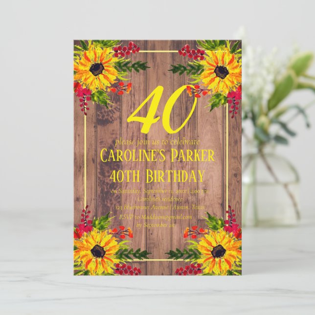 Sunflower 40th Birthday Wood Floral Adult Invitation (Standing Front)