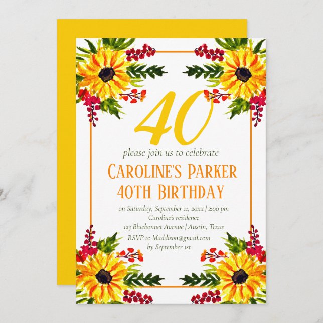 Sunflower 40th Birthday Yellow Floral Adult Invitation (Front/Back)