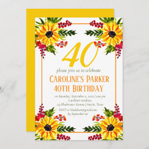 Sunflower 40th Birthday Yellow Floral Adult Invitation