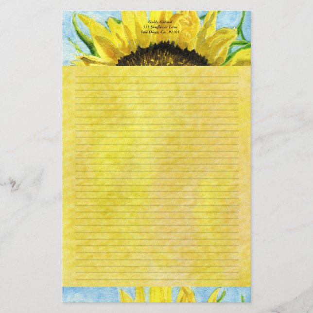 Sunflower 4 Watercolor Personalised Stationary Stationery (Front)