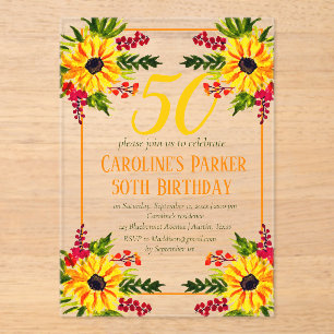 Sunflower 50th Birthday Yellow Floral Adult Acrylic Invitations