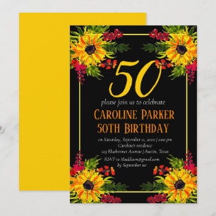 Sunflower 50th Birthday Yellow Floral Adult Invitation