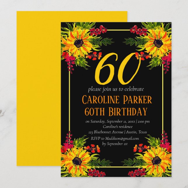 Sunflower 60th Birthday Yellow Floral Adult Invitation (Front/Back)