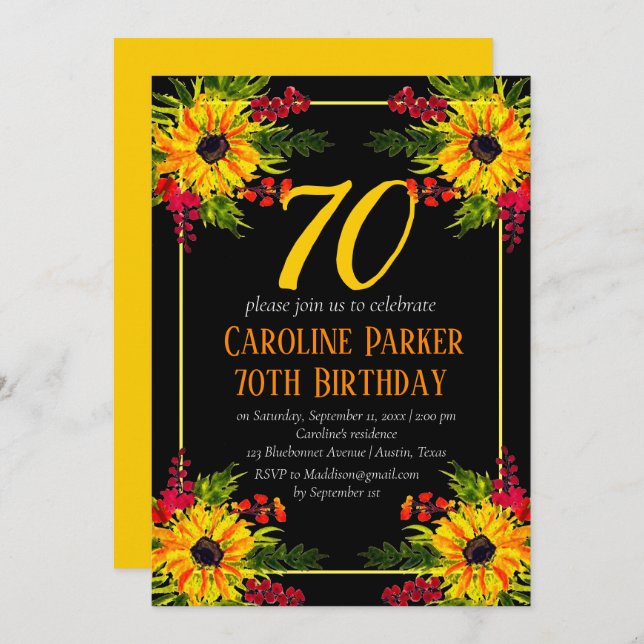 Sunflower 70th Birthday Yellow Floral Adult Invitation (Front/Back)