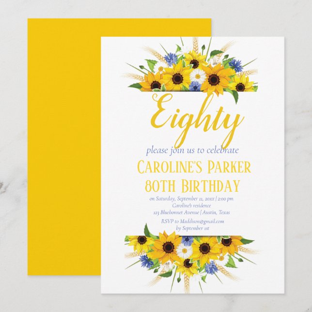 Sunflower 80th Birthday Yellow Floral Adult Invitation (Front/Back)