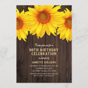 Sunflower 90th Birthday Party Rustic Wood Invitation