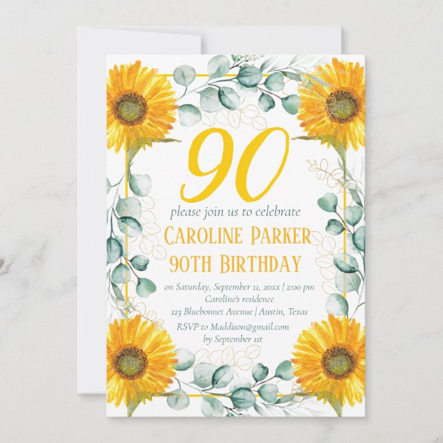 Sunflower 90th Birthday Yellow Floral Eucalyptus Invitation (Front)