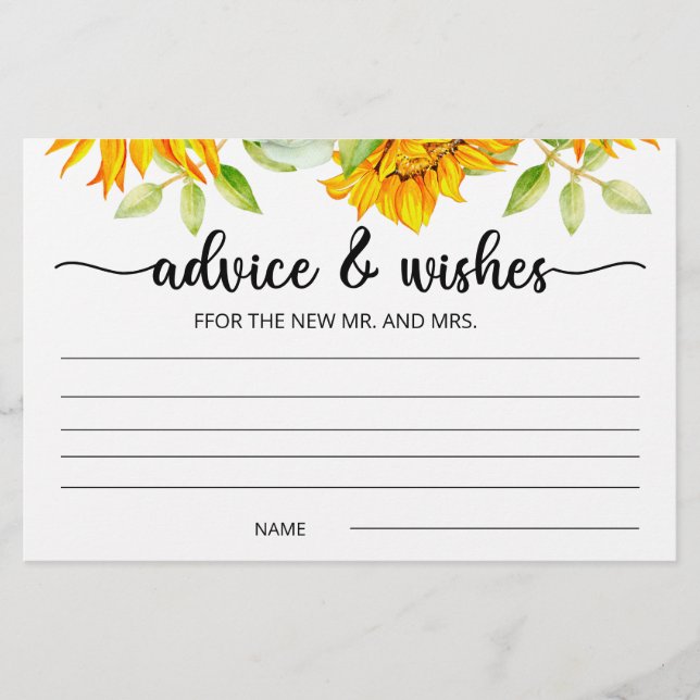 Sunflower advice and wishes bridal shower  station stationery (Front)