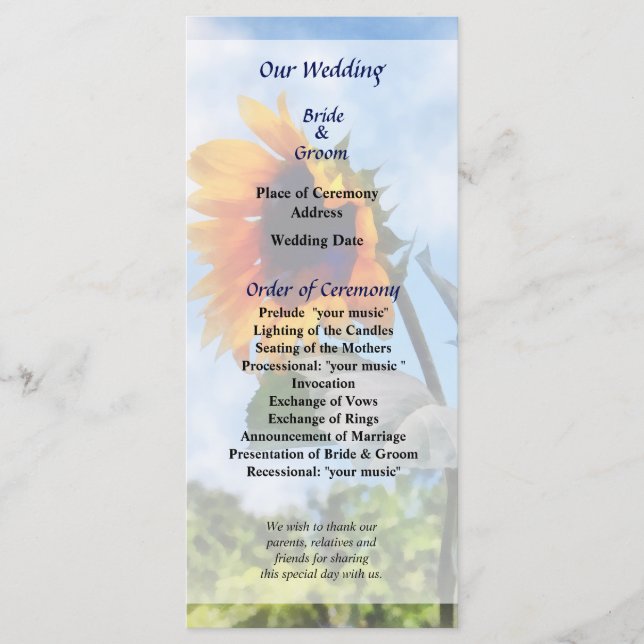 Sunflower Against the Skyr Wedding Program (Front)