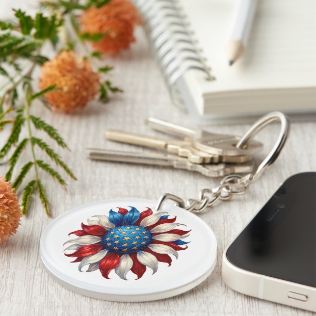 Sunflower American Flag 4Th Of July Key Ring (Front Right)