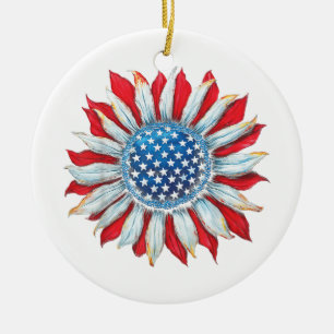 Sunflower American Flag 4th of July Women Men Meri Ceramic Ornament