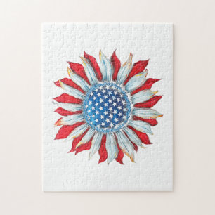 Sunflower American Flag 4th of July Women Men Meri Jigsaw Puzzle
