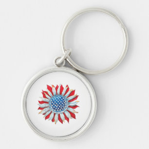 Sunflower American Flag 4th of July Women Men Meri Key Ring