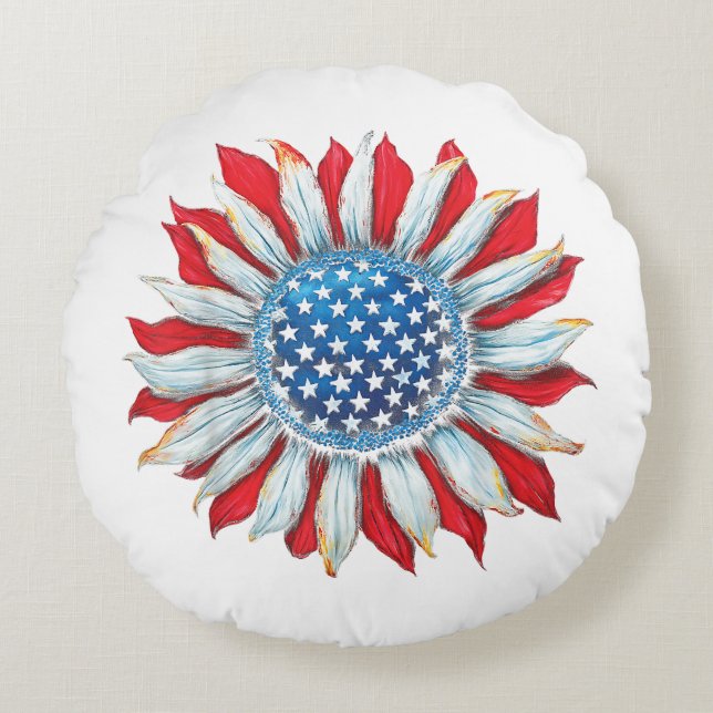 Sunflower American Flag 4th of July Women Men Meri Round Cushion (Front)