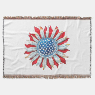 Sunflower American Flag 4th of July Women Men Meri Throw Blanket