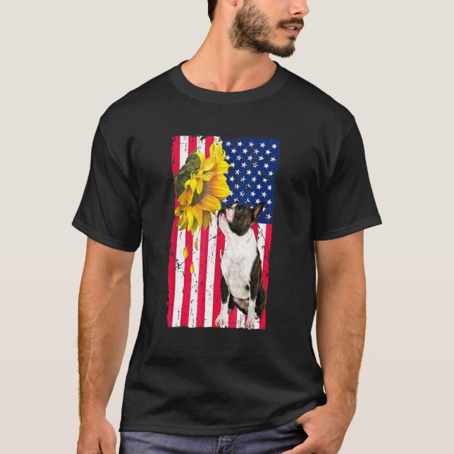 Sunflower American Flag Boston Terrier Dog T-Shirt (Front)