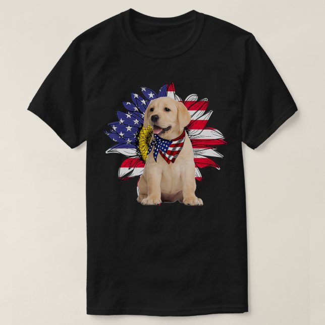 Sunflower American Flag Labrador Dog Lovers  T-Shirt (Design Front)