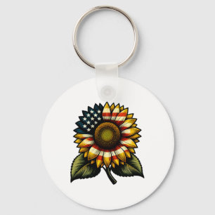 Sunflower American Flag Patriotic Cute Womens 4th Key Ring