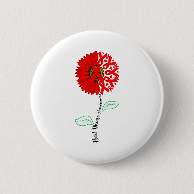 Sunflower &amp; Red Ribbons Flying Out Heart Disea 6 Cm Round Badge (Front)