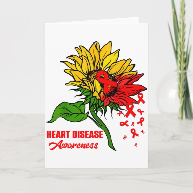 Sunflower &amp; Red Ribbons Flying Out Heart Disea Card (Front)