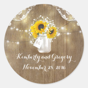 Sunflower and Baby's Breath Rustic Mason Jar Classic Round Sticker