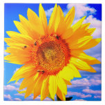 Sunflower and Bees Ceramic Tile<br><div class="desc">Ceramic Tiles with Yellow Sunflower and Bees on Blue Sky - Summer Day - Photo Flower Nature - You can also personalise - Choose / Add Your Unique Photo - Image / Text - Name / Colour / Font / Size / more - Make Your Special Tile Gift - Resize...</div>