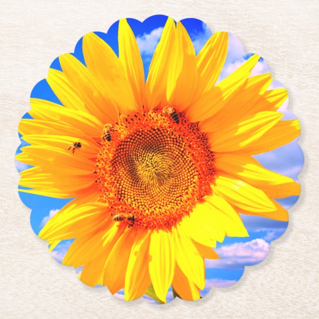 Sunflower and Bees on Blue Sky Paper Coaster (Front)