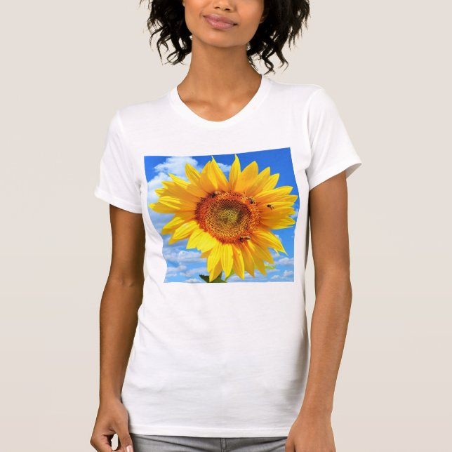 Sunflower and Bees on Blue Sky T-Shirt Summer (Front)