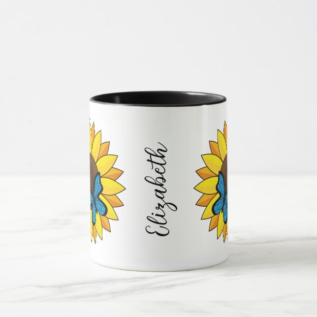 Sunflower and Blue Butterfly | Add Name Mug (Center)