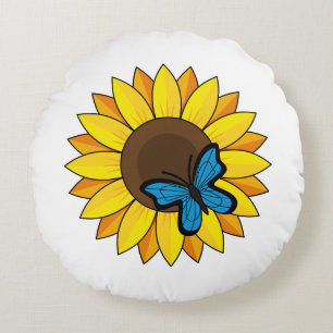 Sunflower and Blue Butterfly Round Cushion
