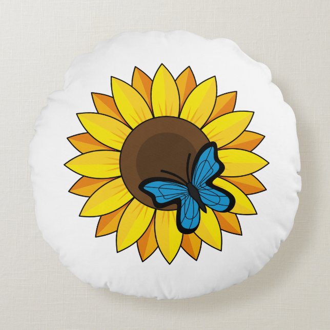 Sunflower and Blue Butterfly Round Cushion (Front)