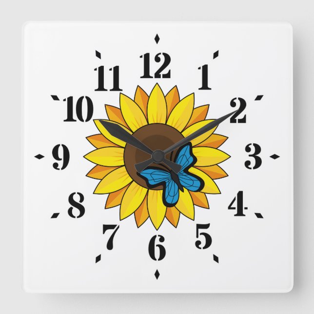 Sunflower and Blue Butterfly Square Wall Clock (Front)
