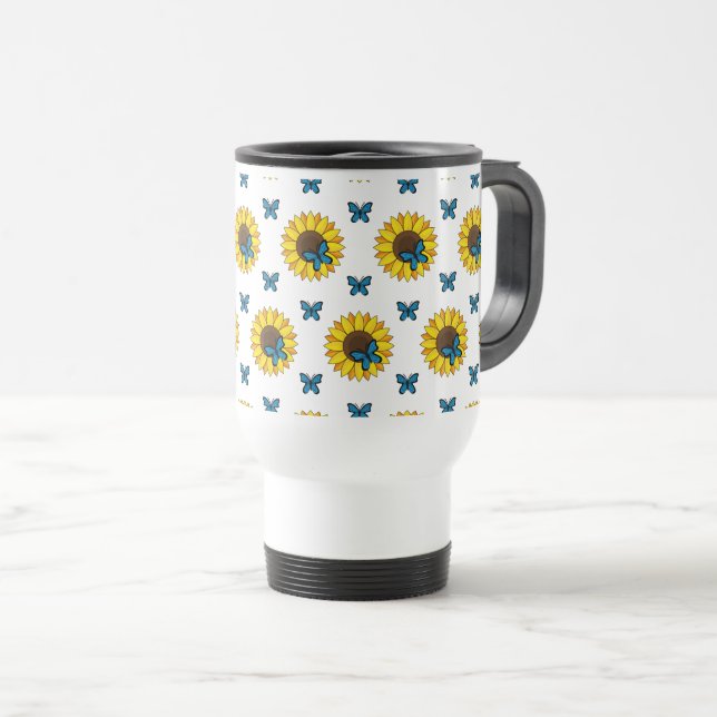 Sunflower and Blue Butterfly Travel Mug (Front Right)