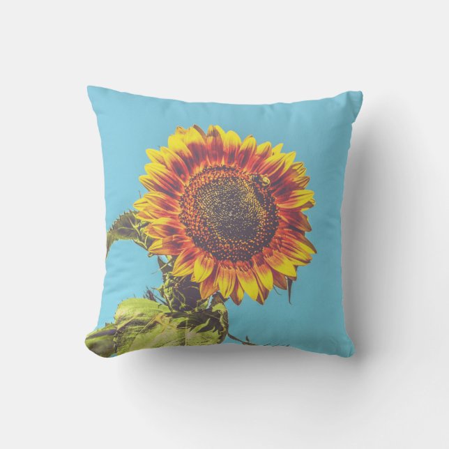 Sunflower and Bumblebee Yellow and Blue Cotton Cushion (Front)