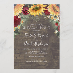 Sunflower and Burgundy Red Rose Rehearsal Dinner Invitation