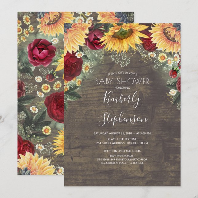 Sunflower and Burgundy Rose Rustic Baby Shower Invitation (Front/Back)