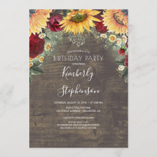Sunflower and Burgundy Rose Rustic Birthday Invitation