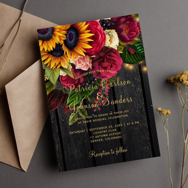Sunflower and burgundy roses rustic fall wedding invitation (Creator Uploaded)