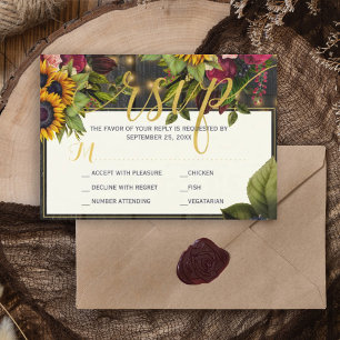 Sunflower and burgundy roses rustic fall wedding RSVP card