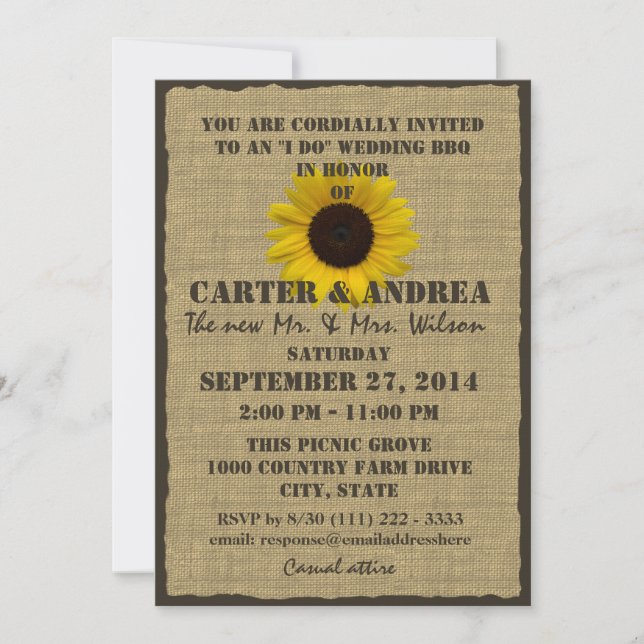 Sunflower and Burlap BBQ Wedding Reception Invitation (Front)