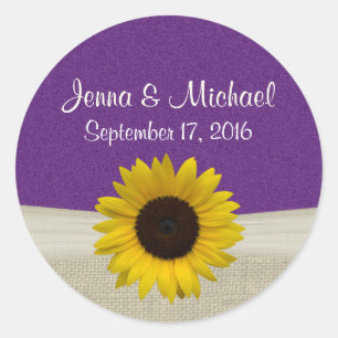 Sunflower and Burlap Purple Classic Round Sticker