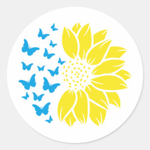 Sunflower and butterflies. Ukrainian flag colours. Classic Round Sticker