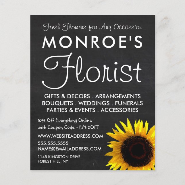 Sunflower and Chalkboard, Floristry Advertising Flyer (Front)