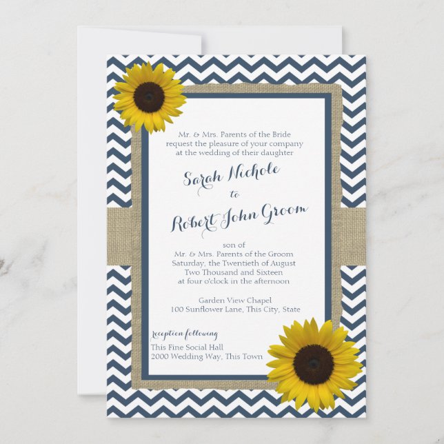 Sunflower and Chevron Navy Blue Rustic Wedding Invitation (Front)