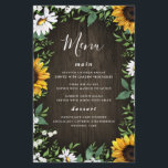 Sunflower and Daisy Rustic Wood Wedding Menu Cards<br><div class="desc">Design features a brown barn wood background decorated with watercolor daisies,  sunflowers,  greenery,  eucalyptus,  baby's breath,  and lily of the valley.
You can use the template as is or add more meals,  desserts and more. This template is fully customisable.</div>