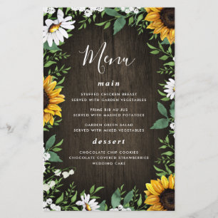 Sunflower and Daisy Rustic Wood Wedding Menu Cards