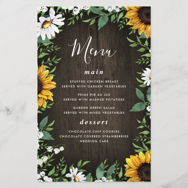 Sunflower and Daisy Rustic Wood Wedding Menu Cards (Front)