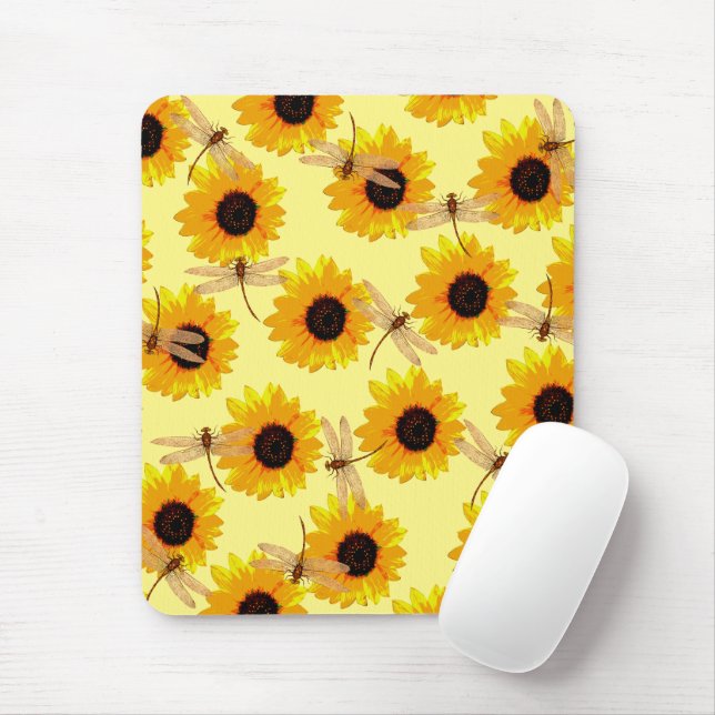 Sunflower And Dragonflies, Mousepad (With Mouse)