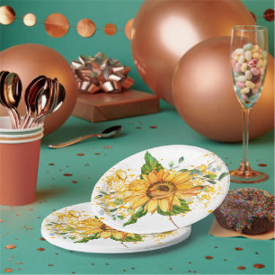 Sunflower and dragonfly splatter fall paper plate